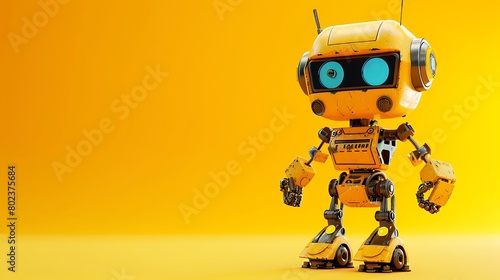 Cute yellow handmade robot on a yellow background