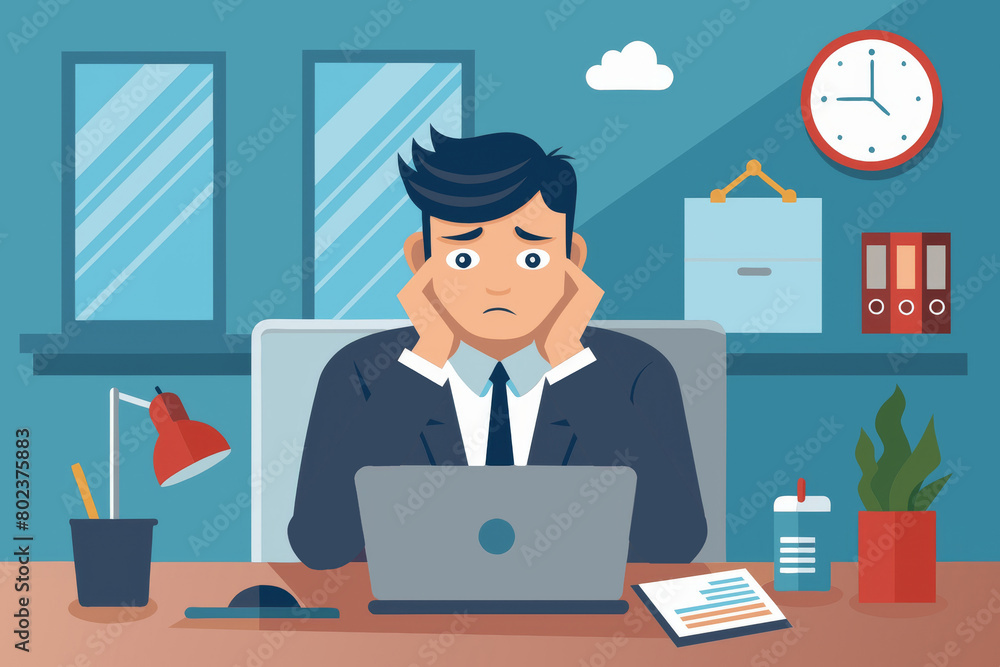 Fototapeta premium Tired sleepy male office worker stays late on workplace. Overload paperwork, meeting deadlines, report, overwhelmed by work young businessman illustration.
