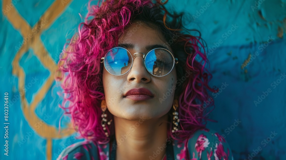 Adult Indian Woman with Pink Curly Hair 1990s style Illustration.