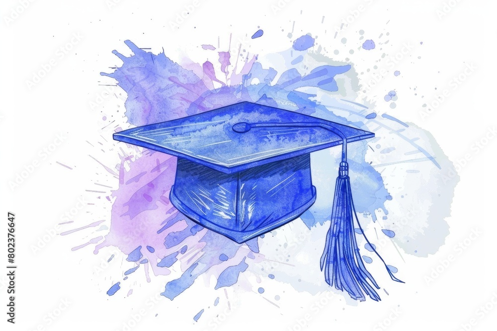 blue graduation cap on a white background with watercolor splashes ...