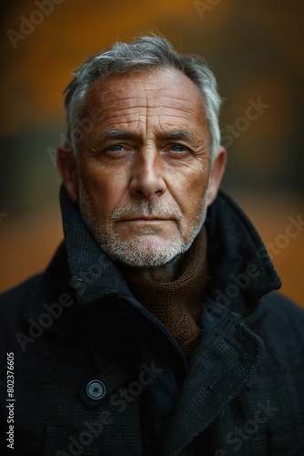 Portrait of an old man with grey hair and beard in a black coat in the autumn park