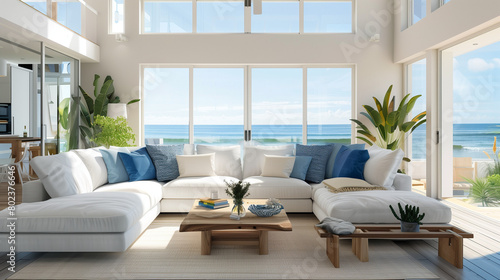 A bright and airy living room with large windows, a white sofa, blue pillows, a wooden coffee table, plants on the side of the window overlooking an ocean view, bright light, beach house interior desi © IULIIA