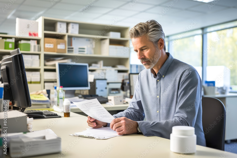 A 50-year-old man sits in his modern office, opens a new medication package, and reads the instructions. Contemporary workspace on background. Concept of adherence to medical guidance in daily life