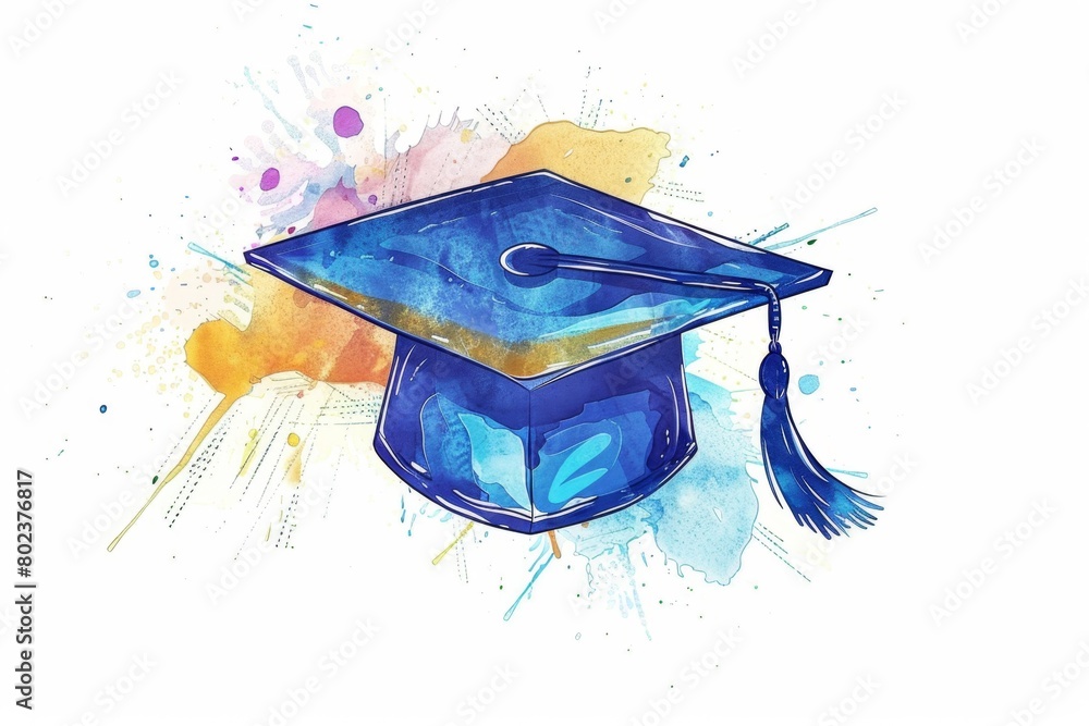 blue graduation cap on a white background with watercolor splashes ...