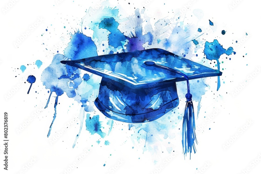 blue graduation cap watercolor illustration on white background ...