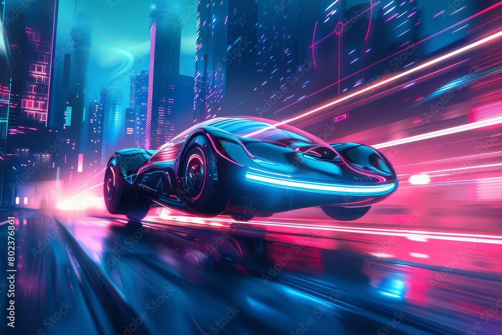 Experience the thrill of a futuristic journey as a sleek flying car zips through the neon-lit skyline of a bustling city.