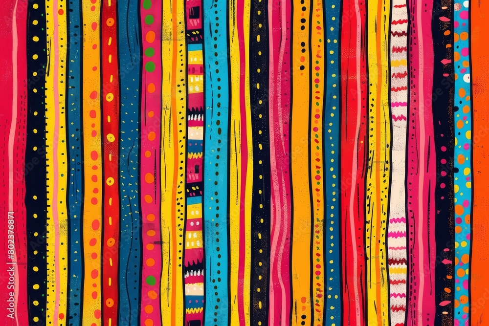 Obraz premium Fusion of Tribal and Contemporary. Colorful Vertical Stripe Patterns with Ethnic Motifs.