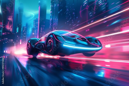 Experience the thrill of a futuristic journey as a sleek flying car zips through the neon-lit skyline of a bustling city. © Jennie Pavl