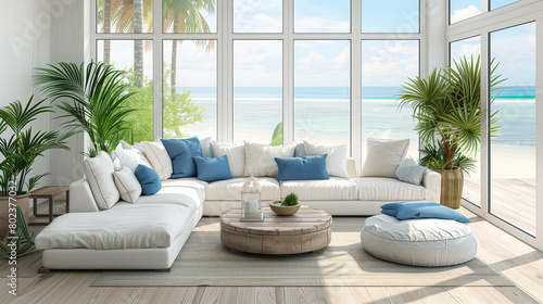 White and blue living room with a sofa, coffee table, plants, and windows overlooking the ocean. The bright sun shines through large glass doors onto an open space decorated in a coastal style. A luxu photo