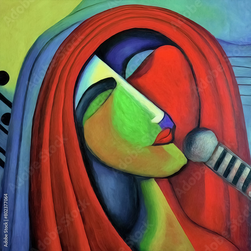 Cubist abstract portrait of an ageless female singer with a knobby microphone by her green chin and red lips