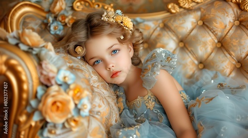  a flower girl are sitting on a blue couch