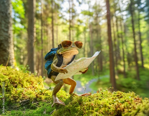 A rugged  adventurous frog with sporty sunglasses and a backpack  standing on a forest trail