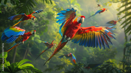 Tropical Symphony: Macaws Soaring in the Vibrant Rainforest Canopy