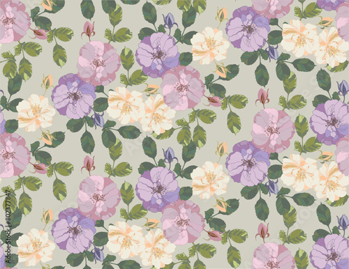 Pattern of flowers, buds and leaves of roses in vintage style 
