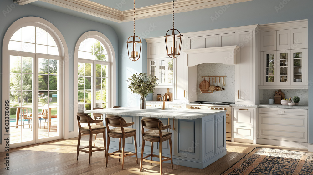 3d rendering of kitchen with white cabinets, light blue walls and ...