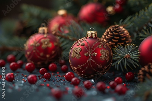Christmas background with red baubles  fir branches and cranberries