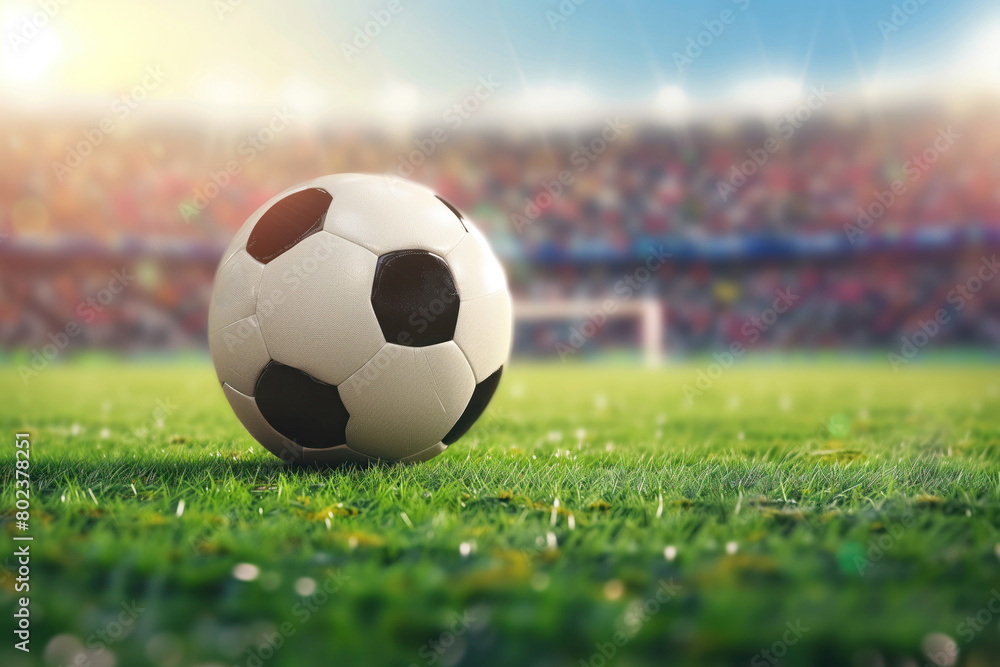 Fototapeta premium Soccer ball lying on grass at stadium blurred stadium background. AI Generative