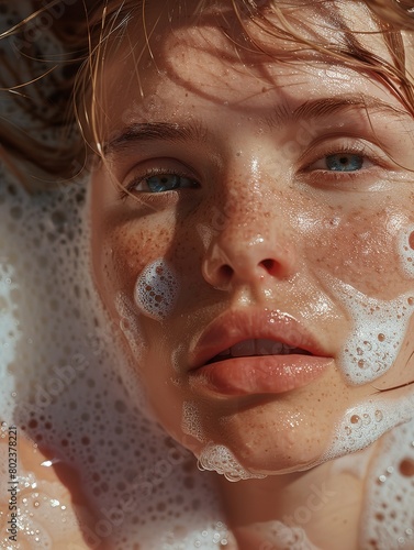close up of a girl s face with foam cleanser on perfect skin