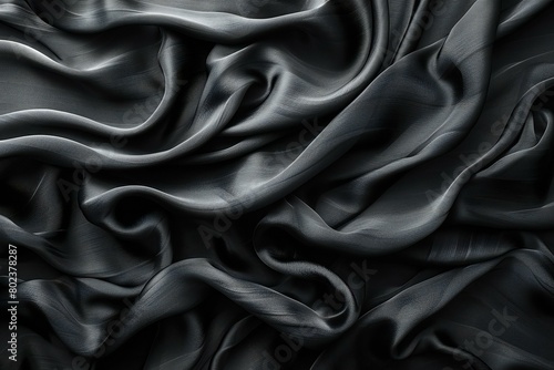 Black satin fabric texture background, Closeup of rippled silk fabric