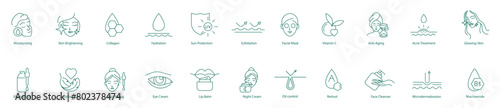 Complete Skincare Icon Set: Moisturizing, Skin Brightening, Collagen, Hydration, Sun Protection, Exfoliation, Facial Mask, Vitamin C, Anti-Aging, Acne Treatment, Glowing Skin, Essential Oil, Sensitive