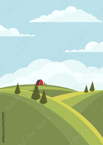 Country rural landscape scene with green wheat fields. Skyline with clouds farmland illustration