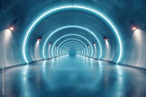 Futuristic blue-lit tunnel with circular patterns