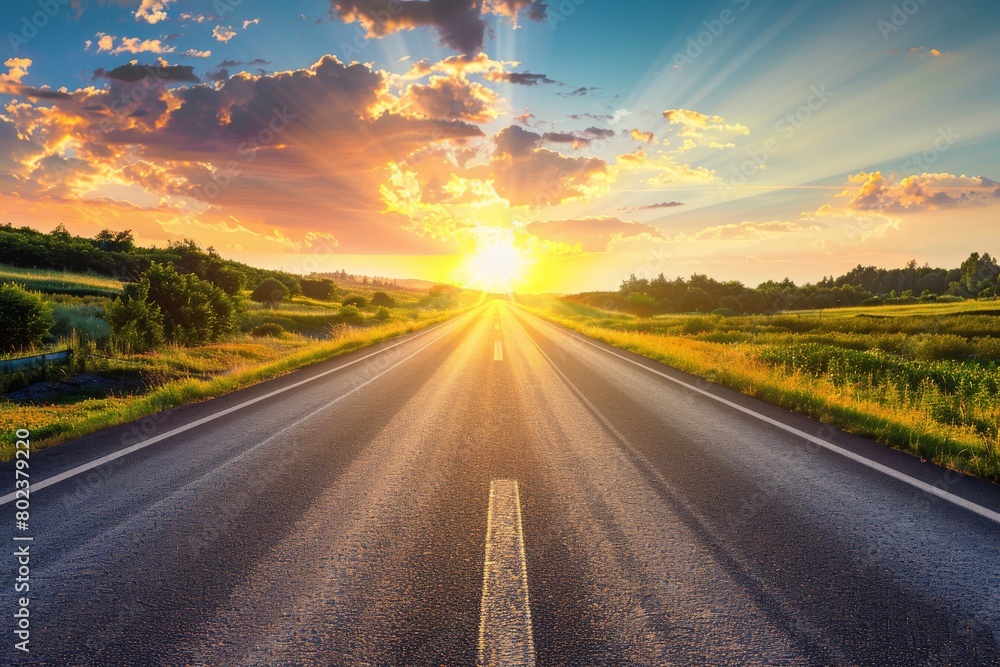Naklejka premium Sunrise Road, Summer Sunny Highway, Journey Landscape, Way to Sunlight Horizon, Copy Space
