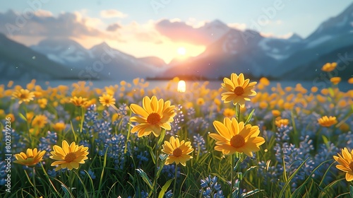 A field of yellow flowers sways gently in the breeze with a mountain backdrop. © Sweet Mango