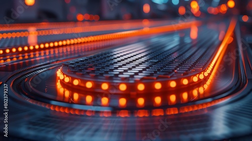 An industrial conveyor belt with glowing orange lights.