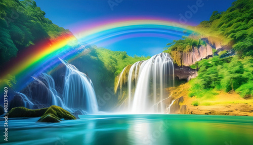 A river with a waterfall and a rainbow