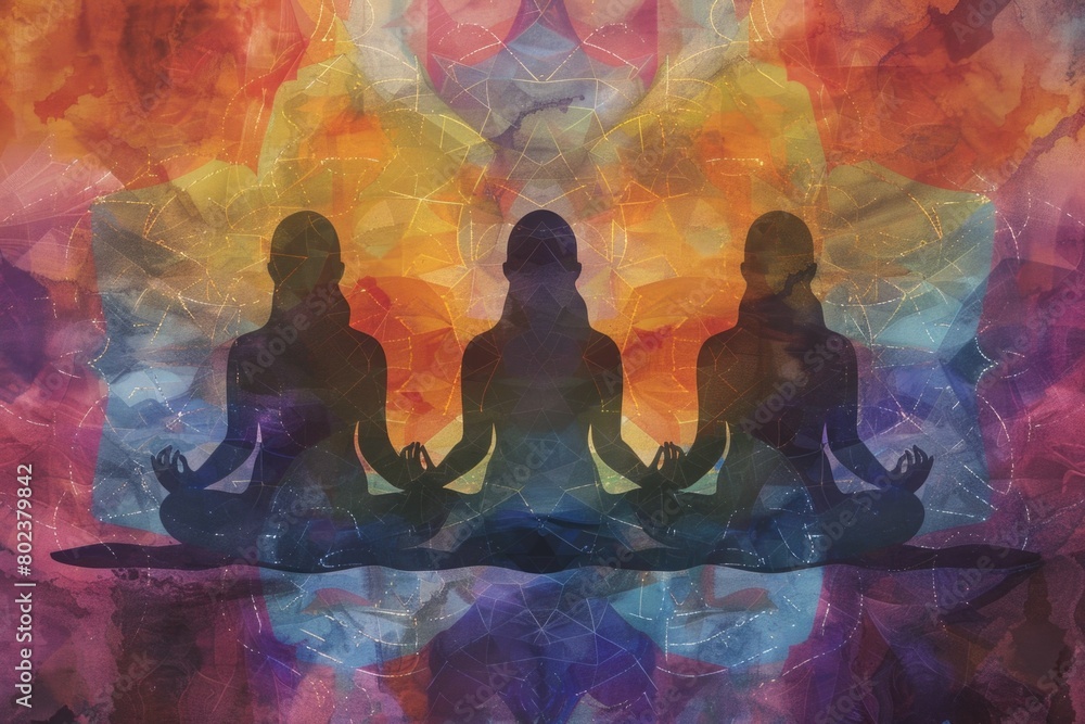 Two women sitting in a lotus pose against a vibrant backdrop. Ideal for yoga and meditation concepts Two women sitting in a lotus pose against a vibrant backdrop. Ideal for yoga and meditation concepts