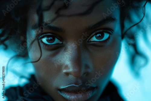 Close up portrait of a beautiful african american woman with blue eyes