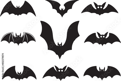 Silhouettes of bats in High resolution illustration. Fall, Halloween and wildlife icon. Bat as symbol of death and rebirth, communication, intuition, and happiness.  photo