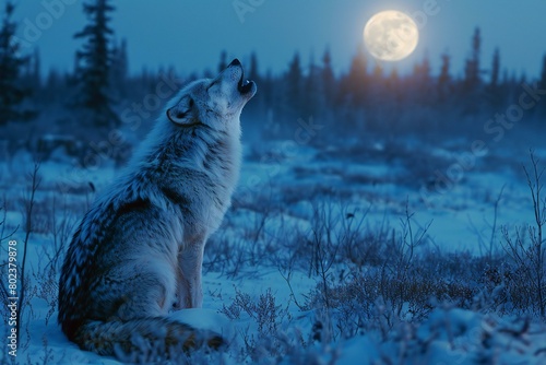 A wolf in the night forest against the background of the moon