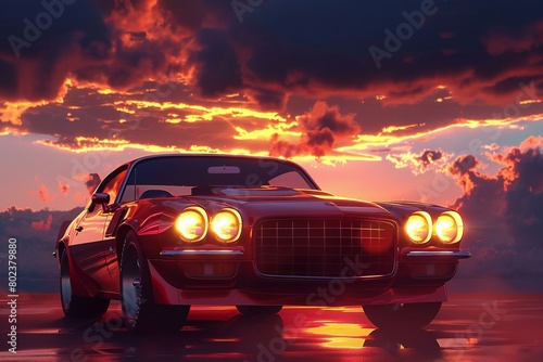  rendering of a vintage car on the road at sunset