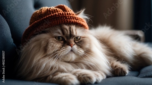 Cute persian cat wearing warm hat and scarf on sofa at home