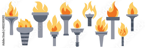 Collection of flame torches in flat style. Torch with flame icons set. Hand drawn vector art.