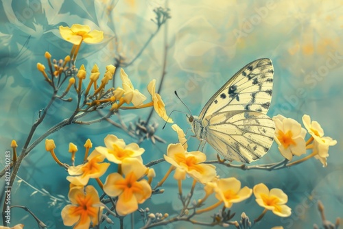 A white butterfly perched on a vibrant yellow flower. Suitable for nature and garden-themed designs © Ева Поликарпова