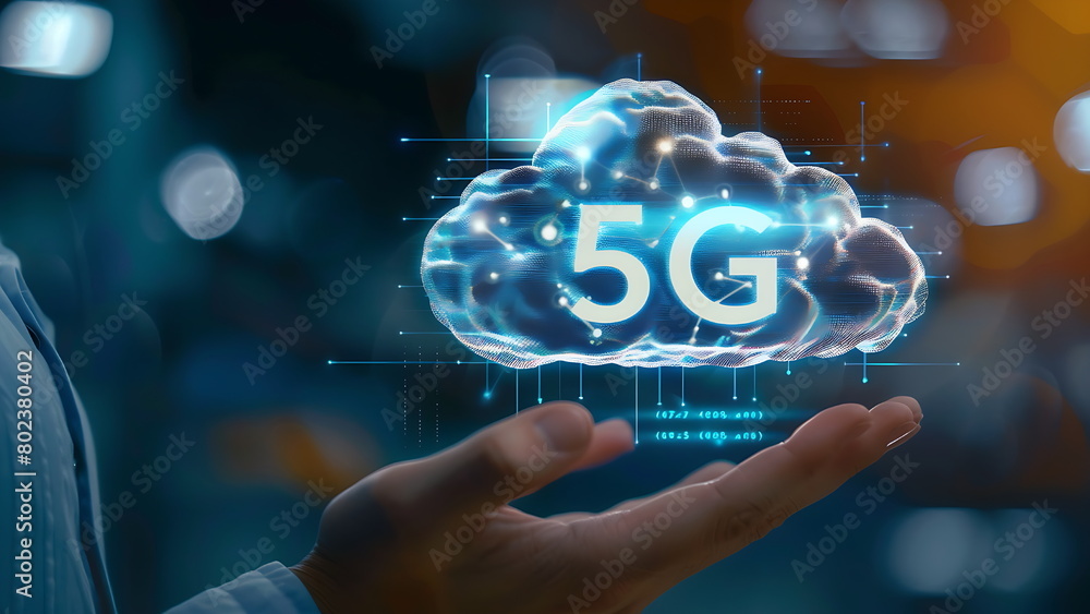 hand holding cloud computing with 5G text, representing faster and smart internet. generative ai hand holding cloud computing with 5G text, representing faster and smart internet. generative ai