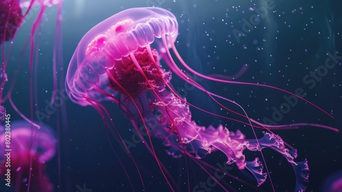 A group of jellyfish swimming in the water. Perfect for marine life concepts