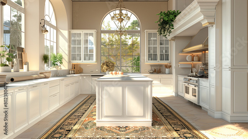 3D rendering of a white kitchen with an island and vintage rug in the middle, an arched window on the back wall. White cabinets, stainless steel appliances, natural light. In the style of Vray tracing photo