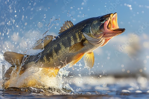 Leaping Golden Bass Suspended in Dramatic Splash of Water Against Vibrant Blue Sky