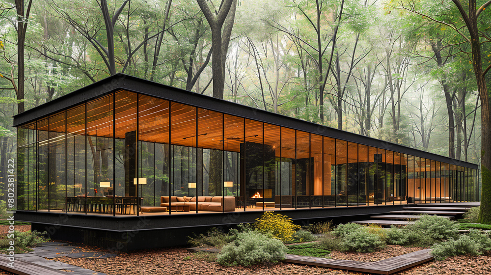 Elegant glass house with a minimalist design nestled in a misty forest, showcasing large windows and warm interior lighting Elegant glass house with a minimalist design nestled in a misty forest, showcasing large windows and warm interior lighting