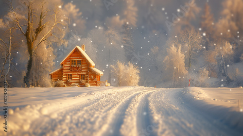 Cozy log cabin in a snowy landscape with a warm glow from the windows under a gentle snowfall