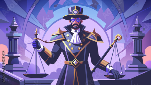 Steampunk illustration for the Justice Tarot card.in his hands are scales and a sword.The design of the tarot card of the senior arcana. Hand-drawn cartoon linear flat style. Justice.