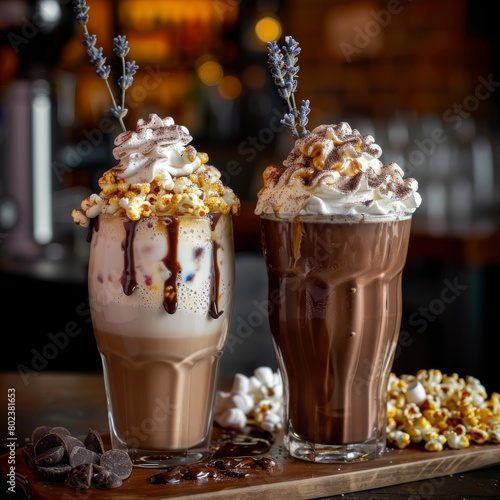 Cocoa Drink, Natural Cold Coffee with Whipped Cream and Caramel Popcorn, Cacao Milkshake