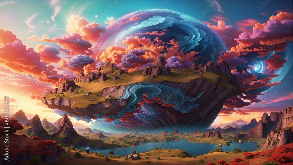  a painting of a colorful island floating in the sky