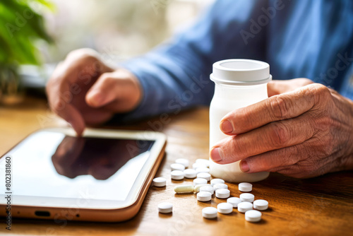 Senior man ordering medications from online pharmacy using smartphone. Male hands with bottle of tablets and pills on table. Concept of modern technology to take care of health, well-being. Close up photo