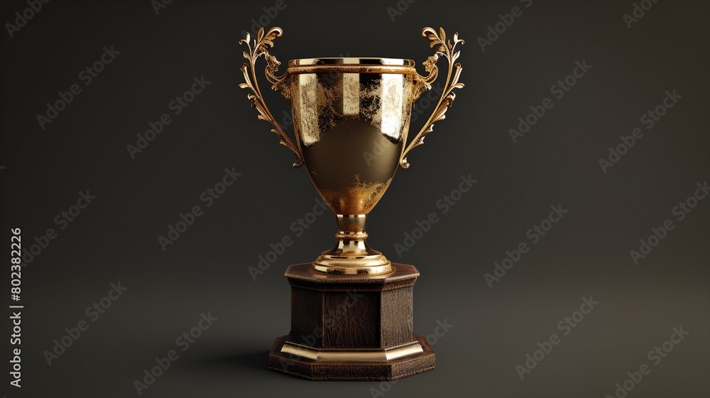a golden trophy on a wooden pedestal with a black background a golden trophy on a wooden pedestal with a black background