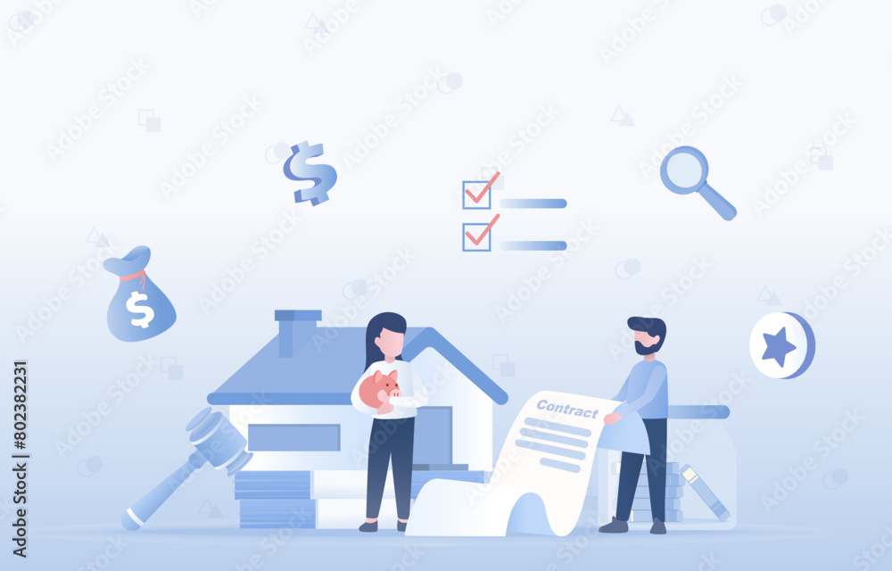 Real estate investment and contract concept. Agreement legally binding documents, purchase, borrow, rent. Flat vector design illustration. Real estate investment and contract concept. Agreement legally binding documents, purchase, borrow, rent. Flat vector design illustration.